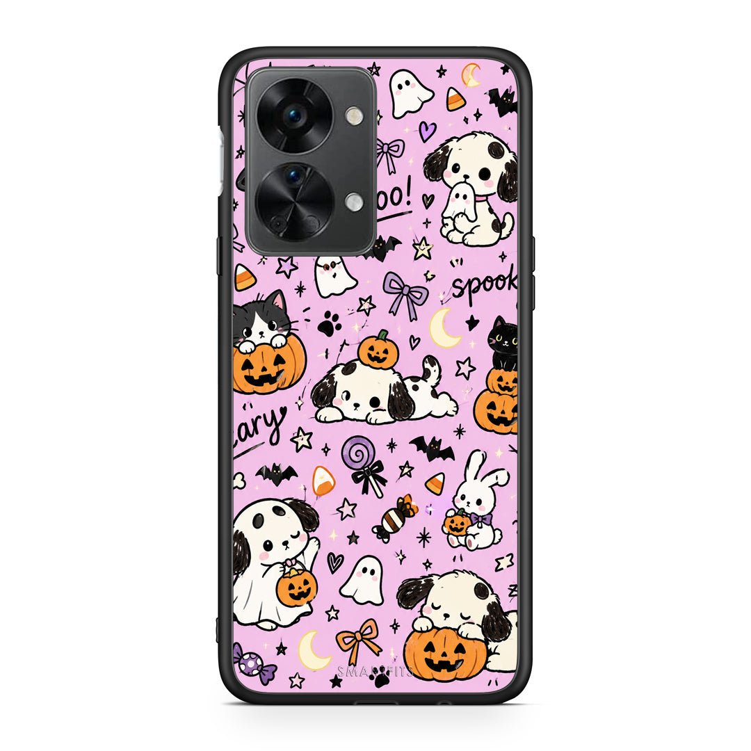 Θήκη OnePlus Nord 2T Halloween Puppies and Friends on Lilac από τη Smartfits με σχέδιο στο πίσω μέρος και μαύρο περίβλημα | OnePlus Nord 2T Halloween Puppies and Friends on Lilac case with colorful back and black bezels