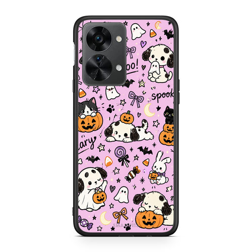 Θήκη OnePlus Nord 2T Halloween Puppies and Friends on Lilac από τη Smartfits με σχέδιο στο πίσω μέρος και μαύρο περίβλημα | OnePlus Nord 2T Halloween Puppies and Friends on Lilac case with colorful back and black bezels