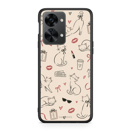 Θήκη OnePlus Nord 2T Minimal Cat and Fashion Doodles on Cream από τη Smartfits με σχέδιο στο πίσω μέρος και μαύρο περίβλημα | OnePlus Nord 2T Minimal Cat and Fashion Doodles on Cream case with colorful back and black bezels