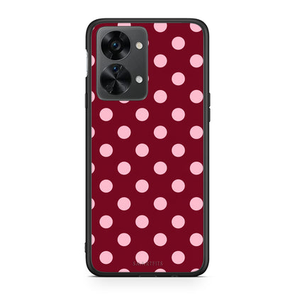 Θήκη OnePlus Nord 2T Pink Polka Dots on Burgundy από τη Smartfits με σχέδιο στο πίσω μέρος και μαύρο περίβλημα | OnePlus Nord 2T Pink Polka Dots on Burgundy case with colorful back and black bezels