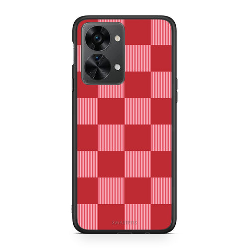 Θήκη OnePlus Nord 2T Red and Pink Striped Checks από τη Smartfits με σχέδιο στο πίσω μέρος και μαύρο περίβλημα | OnePlus Nord 2T Red and Pink Striped Checks case with colorful back and black bezels