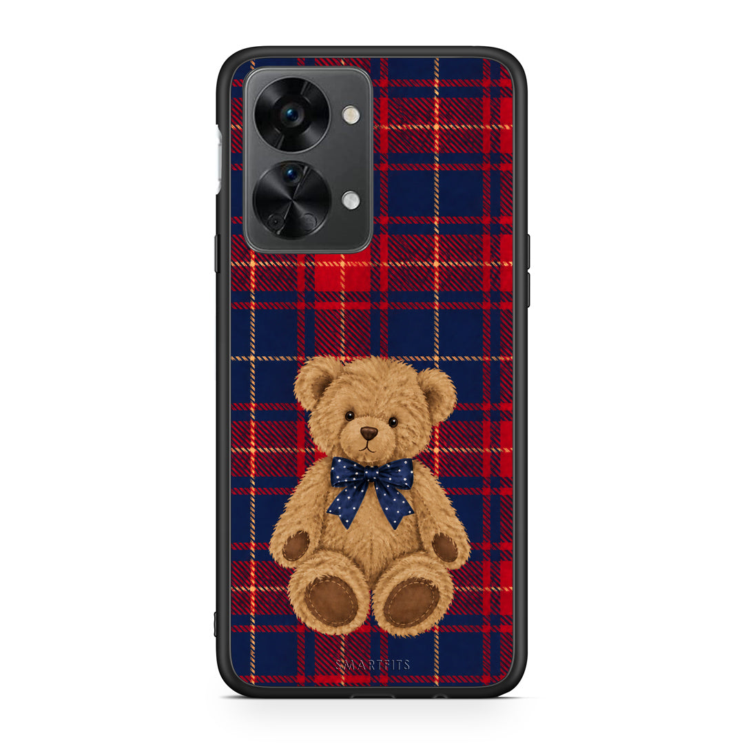 Θήκη OnePlus Nord 2T Teddy Bear on Red and Navy Tartan από τη Smartfits με σχέδιο στο πίσω μέρος και μαύρο περίβλημα | OnePlus Nord 2T Teddy Bear on Red and Navy Tartan case with colorful back and black bezels