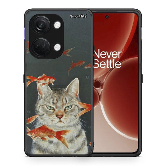 Θήκη OnePlus Nord 3 Cat Goldfish από τη Smartfits με σχέδιο στο πίσω μέρος και μαύρο περίβλημα | OnePlus Nord 3 Cat Goldfish case with colorful back and black bezels