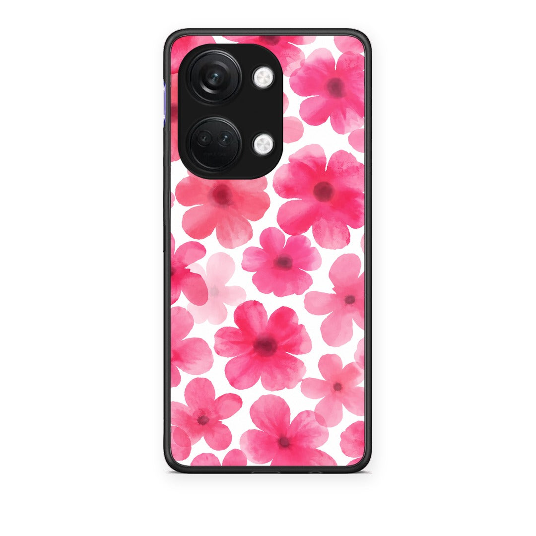 Θήκη OnePlus Nord 3 Pink Watercolour Flowers on White από τη Smartfits με σχέδιο στο πίσω μέρος και μαύρο περίβλημα | OnePlus Nord 3 Pink Watercolour Flowers on White case with colorful back and black bezels
