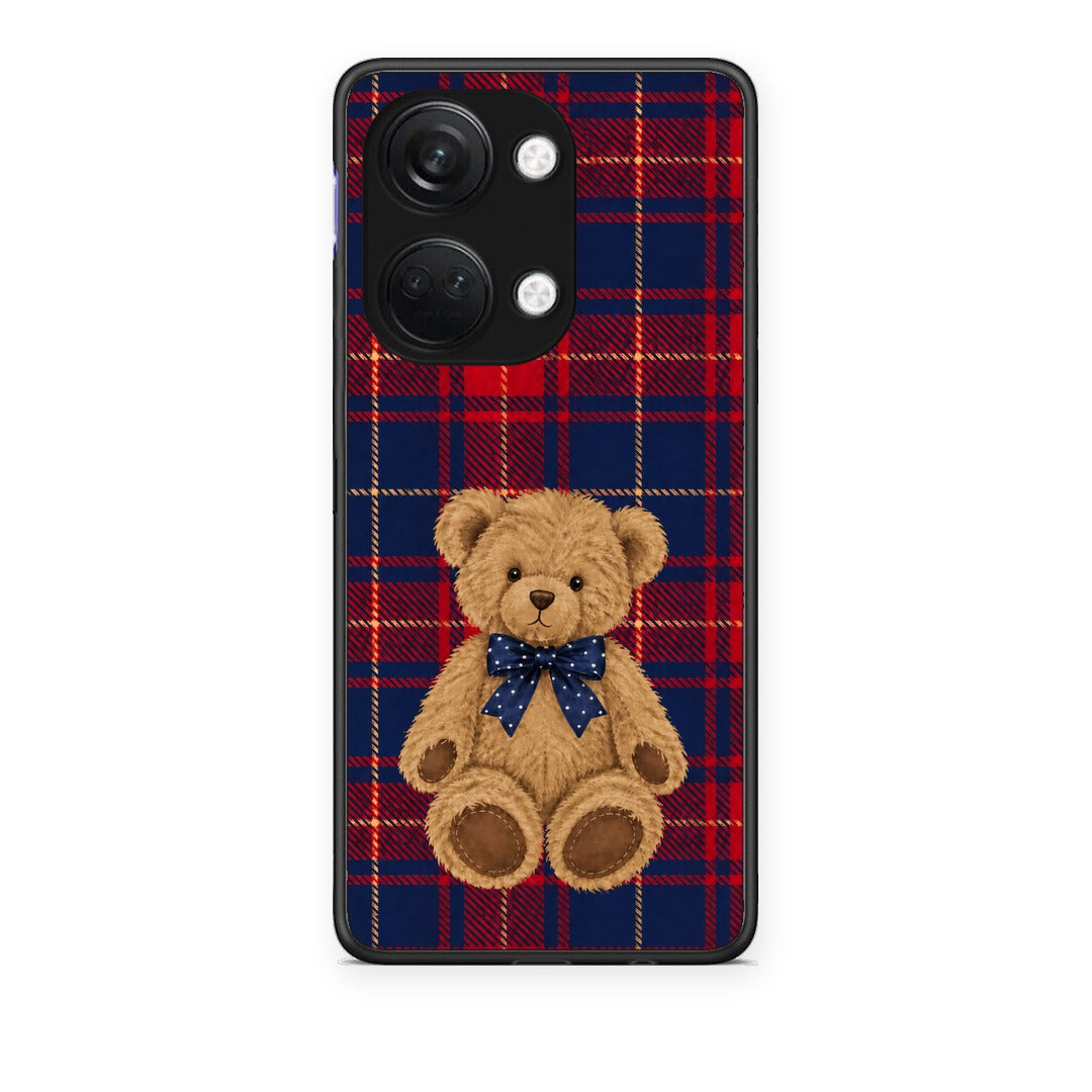 Θήκη OnePlus Nord 3 Teddy Bear on Red and Navy Tartan από τη Smartfits με σχέδιο στο πίσω μέρος και μαύρο περίβλημα | OnePlus Nord 3 Teddy Bear on Red and Navy Tartan case with colorful back and black bezels