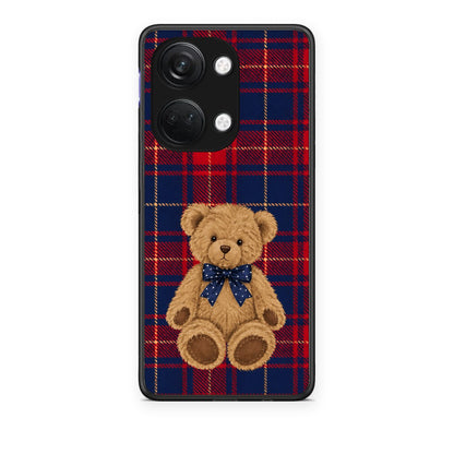 Θήκη OnePlus Nord 3 Teddy Bear on Red and Navy Tartan από τη Smartfits με σχέδιο στο πίσω μέρος και μαύρο περίβλημα | OnePlus Nord 3 Teddy Bear on Red and Navy Tartan case with colorful back and black bezels