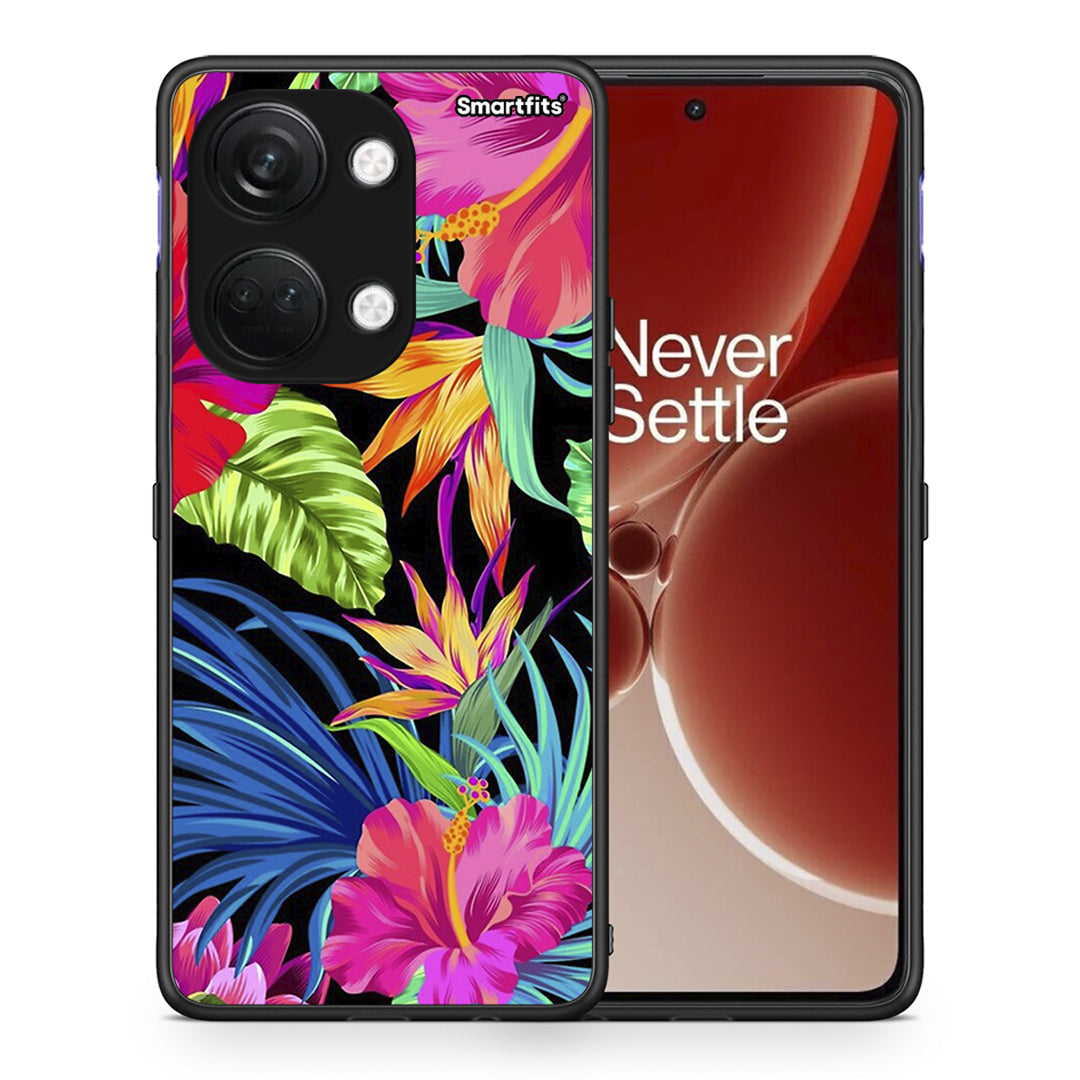Θήκη OnePlus Nord 3 Tropical Flowers από τη Smartfits με σχέδιο στο πίσω μέρος και μαύρο περίβλημα | OnePlus Nord 3 Tropical Flowers case with colorful back and black bezels
