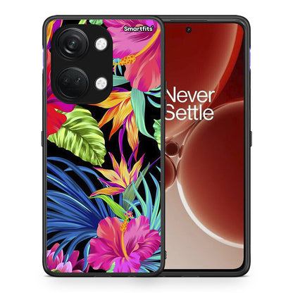 Θήκη OnePlus Nord 3 Tropical Flowers από τη Smartfits με σχέδιο στο πίσω μέρος και μαύρο περίβλημα | OnePlus Nord 3 Tropical Flowers case with colorful back and black bezels