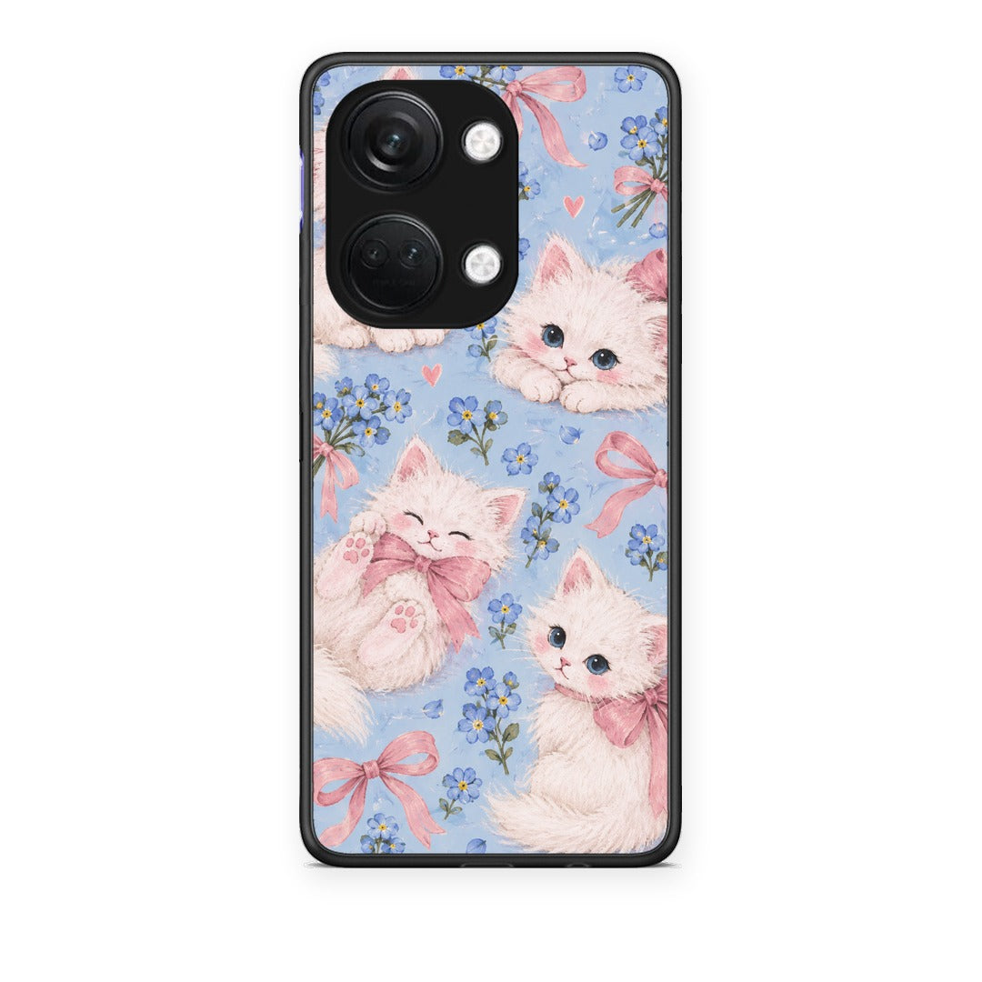 Θήκη OnePlus Nord 3 White Kittens and Blue Flowers Large από τη Smartfits με σχέδιο στο πίσω μέρος και μαύρο περίβλημα | OnePlus Nord 3 White Kittens and Blue Flowers Large case with colorful back and black bezels