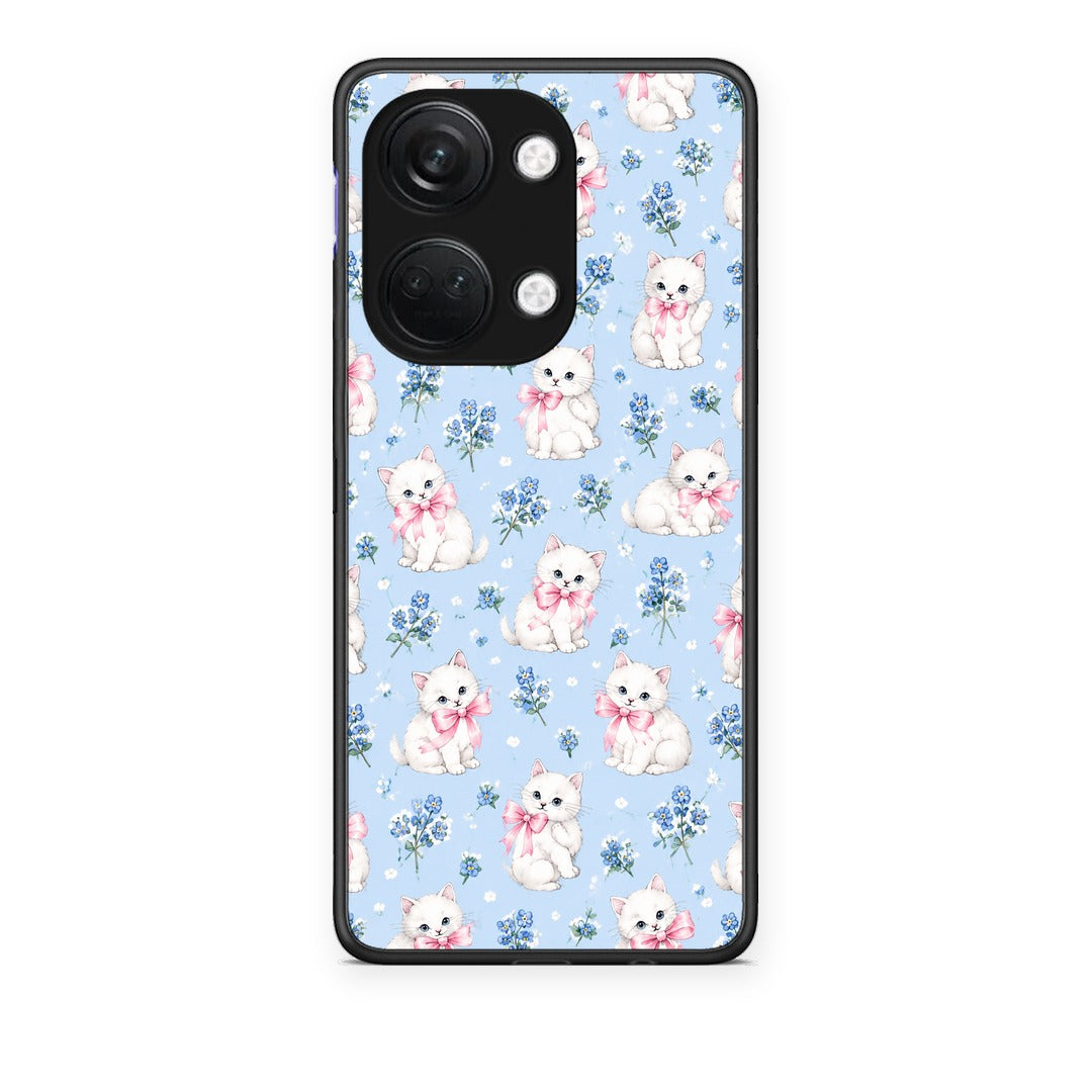 Θήκη OnePlus Nord 3 White Kittens and Blue Flowers Small από τη Smartfits με σχέδιο στο πίσω μέρος και μαύρο περίβλημα | OnePlus Nord 3 White Kittens and Blue Flowers Small case with colorful back and black bezels