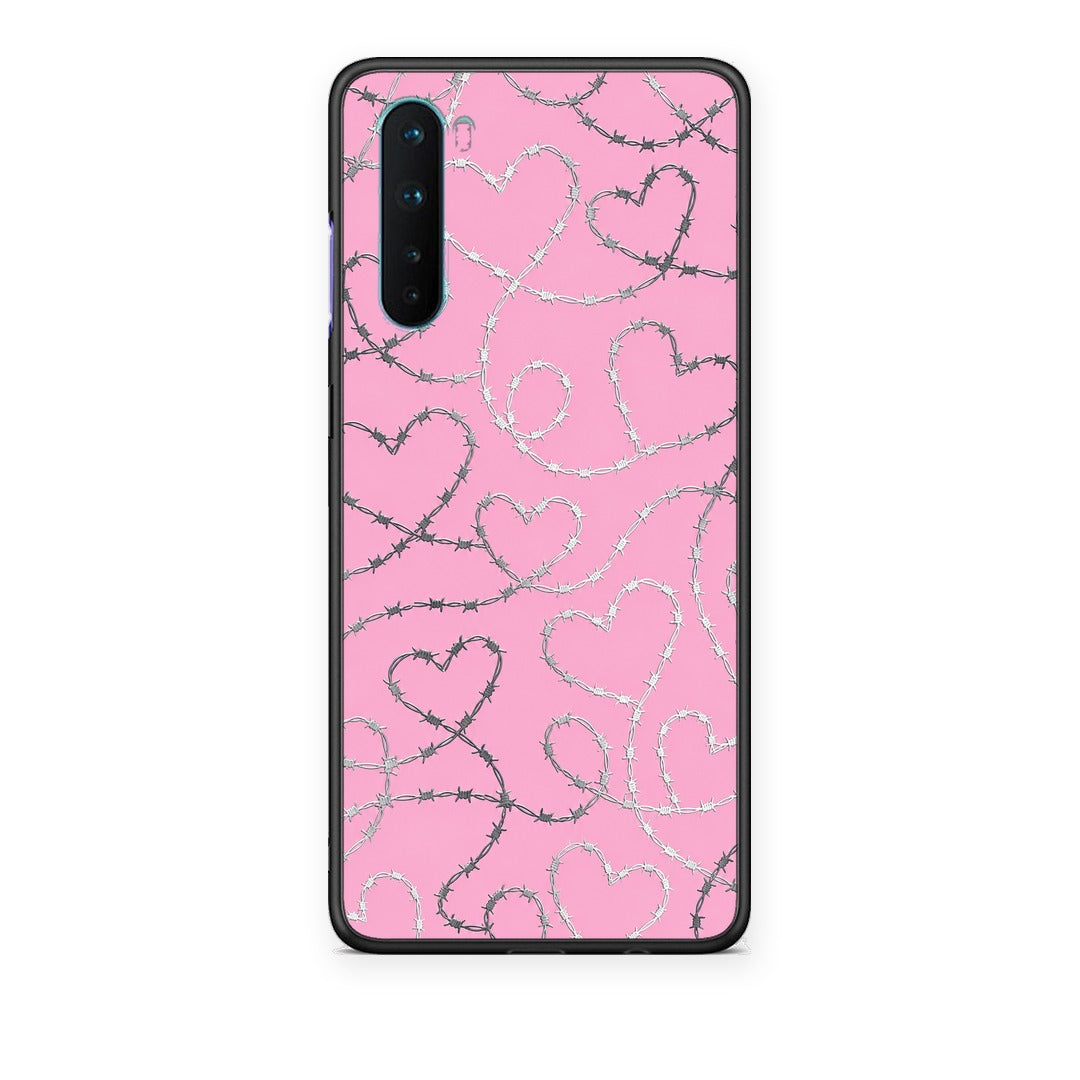 Θήκη OnePlus Nord 5G Barbed Wire Hearts on Pink από τη Smartfits με σχέδιο στο πίσω μέρος και μαύρο περίβλημα | OnePlus Nord 5G Barbed Wire Hearts on Pink case with colorful back and black bezels
