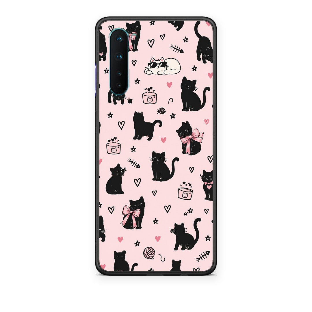 Θήκη OnePlus Nord 5G Black Cat Doodles on Pink από τη Smartfits με σχέδιο στο πίσω μέρος και μαύρο περίβλημα | OnePlus Nord 5G Black Cat Doodles on Pink case with colorful back and black bezels