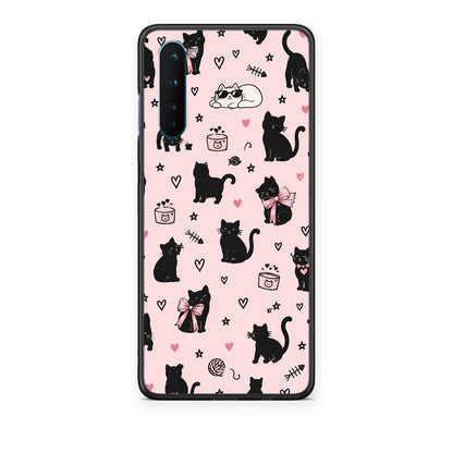 Θήκη OnePlus Nord 5G Black Cat Doodles on Pink από τη Smartfits με σχέδιο στο πίσω μέρος και μαύρο περίβλημα | OnePlus Nord 5G Black Cat Doodles on Pink case with colorful back and black bezels
