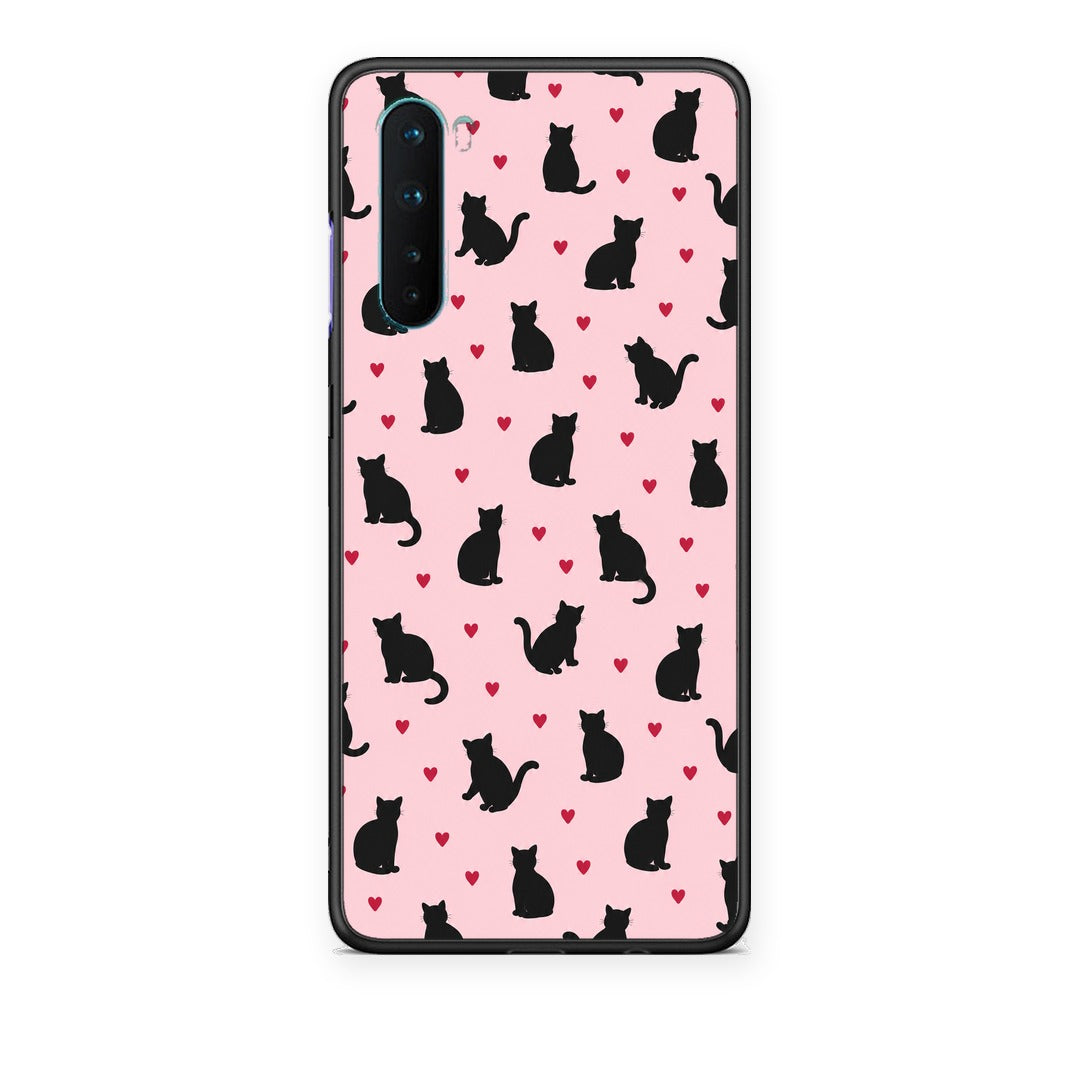 Θήκη OnePlus Nord 5G Black Cat Silhouettes and Hearts on Pink από τη Smartfits με σχέδιο στο πίσω μέρος και μαύρο περίβλημα | OnePlus Nord 5G Black Cat Silhouettes and Hearts on Pink case with colorful back and black bezels