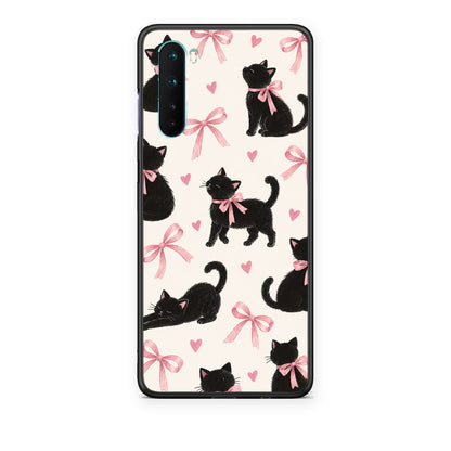 Θήκη OnePlus Nord 5G Black Kittens and Pink Bows on Cream Large από τη Smartfits με σχέδιο στο πίσω μέρος και μαύρο περίβλημα | OnePlus Nord 5G Black Kittens and Pink Bows on Cream Large case with colorful back and black bezels