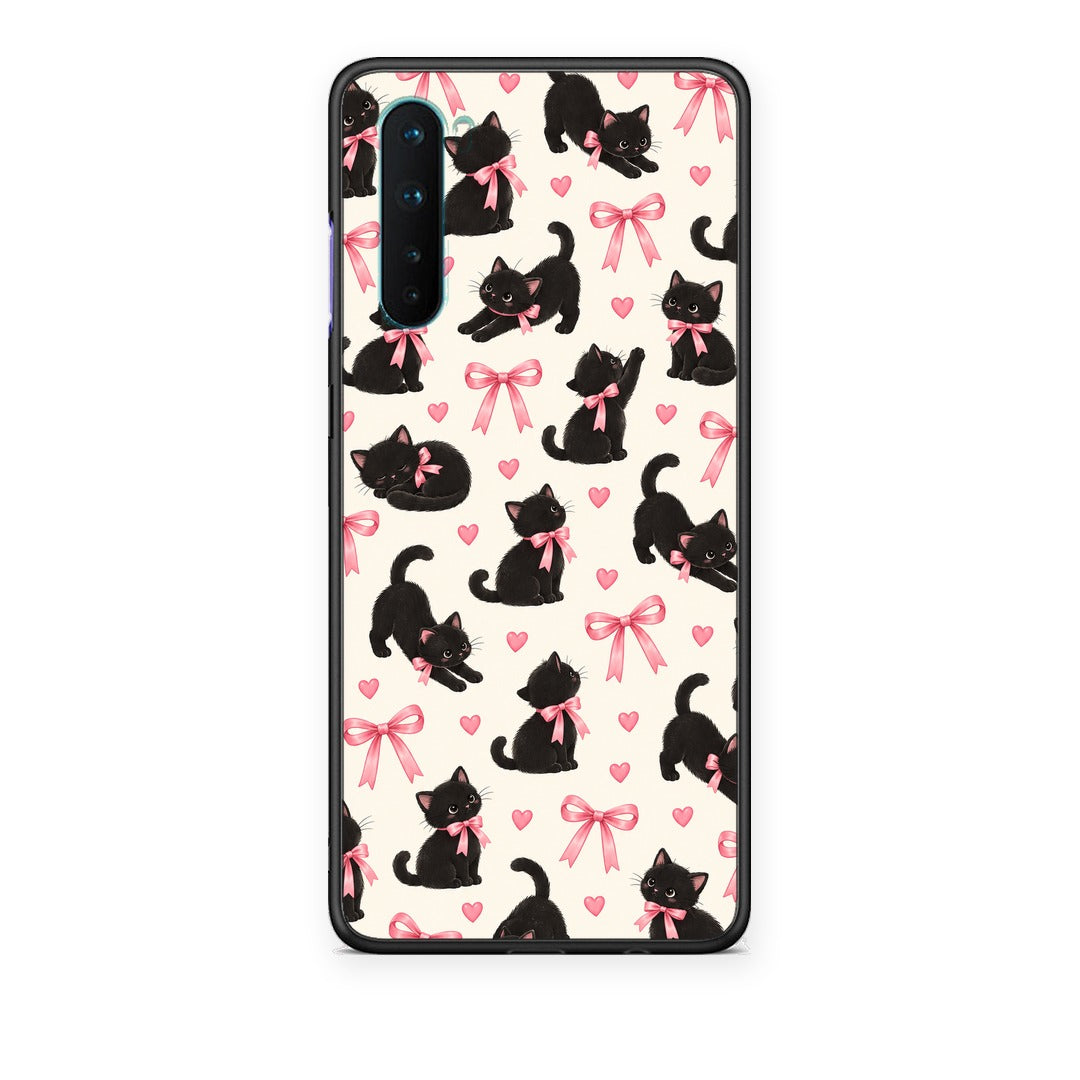 Θήκη OnePlus Nord 5G Black Kittens and Pink Bows on Cream Small από τη Smartfits με σχέδιο στο πίσω μέρος και μαύρο περίβλημα | OnePlus Nord 5G Black Kittens and Pink Bows on Cream Small case with colorful back and black bezels