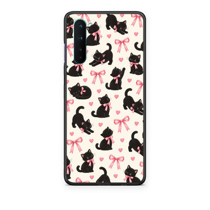 Θήκη OnePlus Nord 5G Black Kittens and Pink Bows on Cream Small από τη Smartfits με σχέδιο στο πίσω μέρος και μαύρο περίβλημα | OnePlus Nord 5G Black Kittens and Pink Bows on Cream Small case with colorful back and black bezels