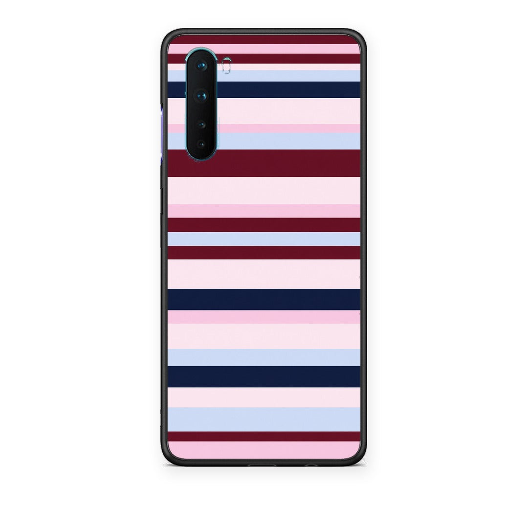 Θήκη OnePlus Nord 5G Burgundy Pink and Blue Horizontal Stripes από τη Smartfits με σχέδιο στο πίσω μέρος και μαύρο περίβλημα | OnePlus Nord 5G Burgundy Pink and Blue Horizontal Stripes case with colorful back and black bezels