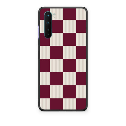 Θήκη OnePlus Nord 5G Burgundy and Cream Striped Checks από τη Smartfits με σχέδιο στο πίσω μέρος και μαύρο περίβλημα | OnePlus Nord 5G Burgundy and Cream Striped Checks case with colorful back and black bezels