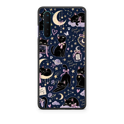 Θήκη OnePlus Nord 5G Celestial Black Cats on Navy από τη Smartfits με σχέδιο στο πίσω μέρος και μαύρο περίβλημα | OnePlus Nord 5G Celestial Black Cats on Navy case with colorful back and black bezels