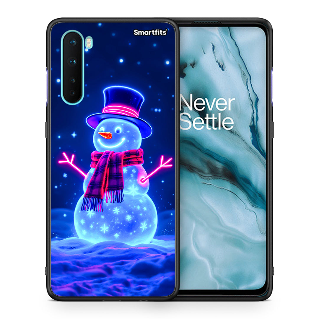 Θήκη OnePlus Nord 5G Christmas Neon Snowman από τη Smartfits με σχέδιο στο πίσω μέρος και μαύρο περίβλημα | OnePlus Nord 5G Christmas Neon Snowman case with colorful back and black bezels