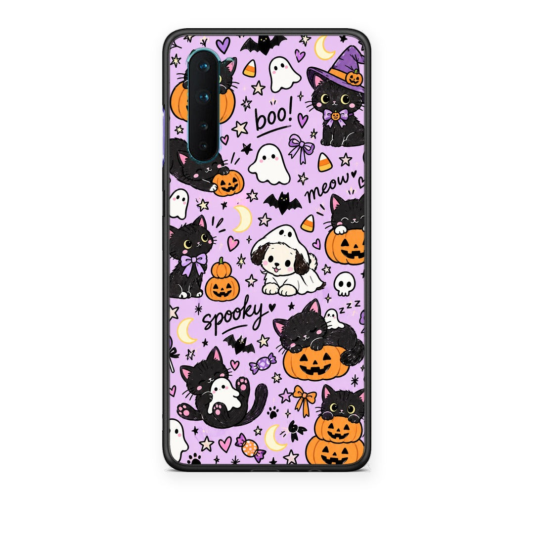 Θήκη OnePlus Nord 5G Halloween Black Cats on Lilac από τη Smartfits με σχέδιο στο πίσω μέρος και μαύρο περίβλημα | OnePlus Nord 5G Halloween Black Cats on Lilac case with colorful back and black bezels