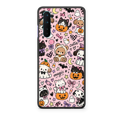 Θήκη OnePlus Nord 5G Halloween Cute Animals on Pink από τη Smartfits με σχέδιο στο πίσω μέρος και μαύρο περίβλημα | OnePlus Nord 5G Halloween Cute Animals on Pink case with colorful back and black bezels