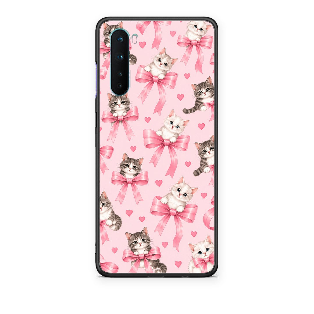 Θήκη OnePlus Nord 5G Kittens and Pink Bows on Pink από τη Smartfits με σχέδιο στο πίσω μέρος και μαύρο περίβλημα | OnePlus Nord 5G Kittens and Pink Bows on Pink case with colorful back and black bezels