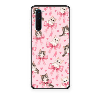 Θήκη OnePlus Nord 5G Kittens and Pink Bows on Pink από τη Smartfits με σχέδιο στο πίσω μέρος και μαύρο περίβλημα | OnePlus Nord 5G Kittens and Pink Bows on Pink case with colorful back and black bezels