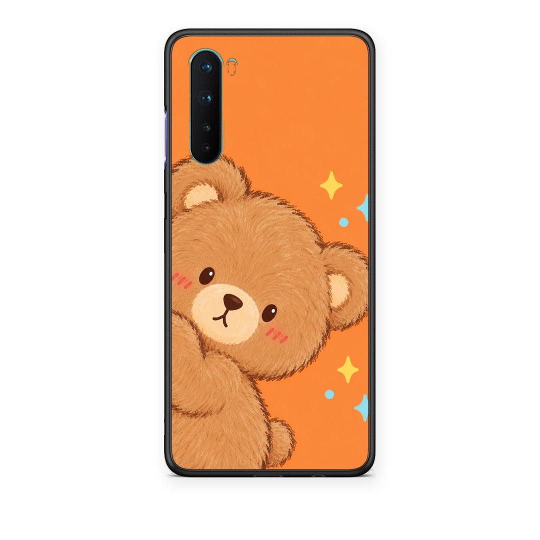 Θήκη OnePlus Nord 5G Peekaboo Teddy on Orange από τη Smartfits με σχέδιο στο πίσω μέρος και μαύρο περίβλημα | OnePlus Nord 5G Peekaboo Teddy on Orange case with colorful back and black bezels