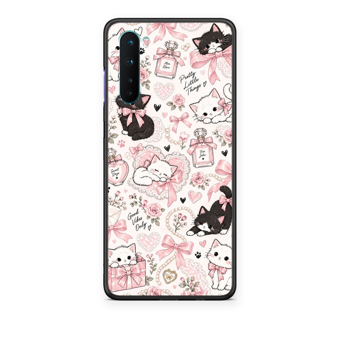 Θήκη OnePlus Nord 5G Pink Bows and Kittens Collage από τη Smartfits με σχέδιο στο πίσω μέρος και μαύρο περίβλημα | OnePlus Nord 5G Pink Bows and Kittens Collage case with colorful back and black bezels