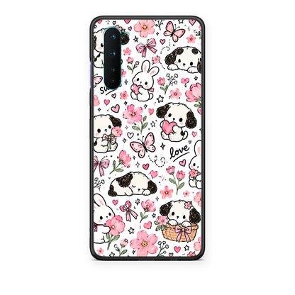 Θήκη OnePlus Nord 5G Pink Florals Puppies and Bunnies on White από τη Smartfits με σχέδιο στο πίσω μέρος και μαύρο περίβλημα | OnePlus Nord 5G Pink Florals Puppies and Bunnies on White case with colorful back and black bezels