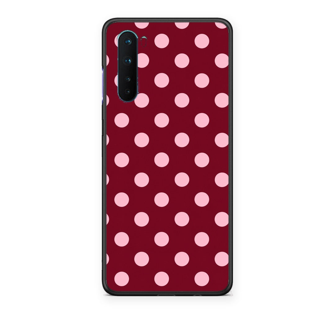 Θήκη OnePlus Nord 5G Pink Polka Dots on Burgundy από τη Smartfits με σχέδιο στο πίσω μέρος και μαύρο περίβλημα | OnePlus Nord 5G Pink Polka Dots on Burgundy case with colorful back and black bezels