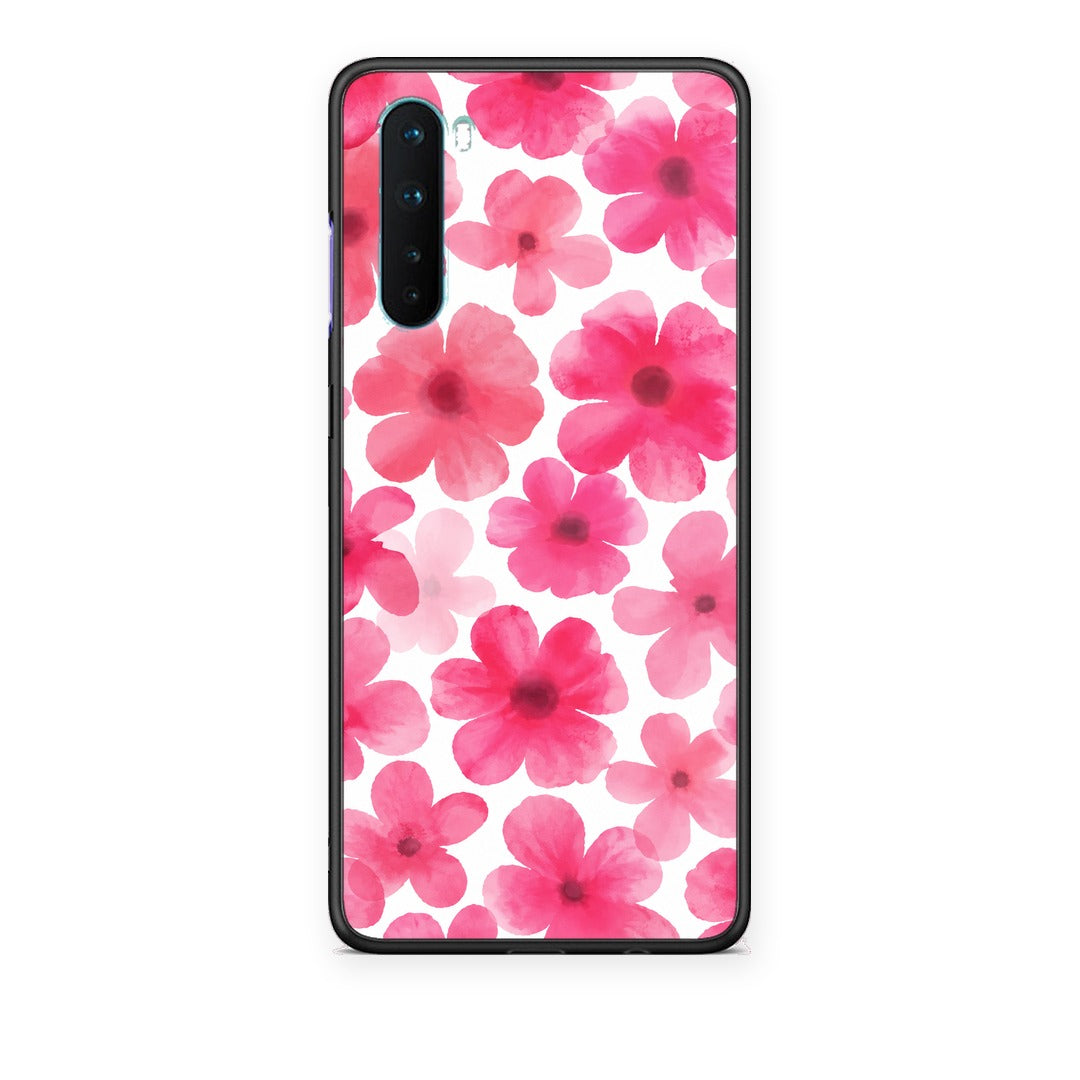 Θήκη OnePlus Nord 5G Pink Watercolour Flowers on White από τη Smartfits με σχέδιο στο πίσω μέρος και μαύρο περίβλημα | OnePlus Nord 5G Pink Watercolour Flowers on White case with colorful back and black bezels