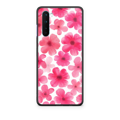 Θήκη OnePlus Nord 5G Pink Watercolour Flowers on White από τη Smartfits με σχέδιο στο πίσω μέρος και μαύρο περίβλημα | OnePlus Nord 5G Pink Watercolour Flowers on White case with colorful back and black bezels