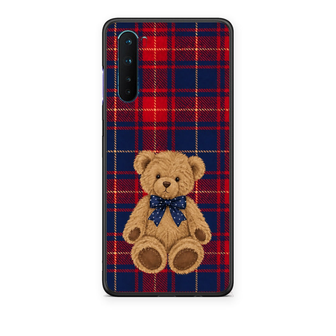Θήκη OnePlus Nord 5G Teddy Bear on Red and Navy Tartan από τη Smartfits με σχέδιο στο πίσω μέρος και μαύρο περίβλημα | OnePlus Nord 5G Teddy Bear on Red and Navy Tartan case with colorful back and black bezels