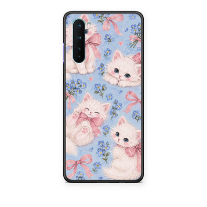 Θήκη OnePlus Nord 5G White Kittens and Blue Flowers Large από τη Smartfits με σχέδιο στο πίσω μέρος και μαύρο περίβλημα | OnePlus Nord 5G White Kittens and Blue Flowers Large case with colorful back and black bezels