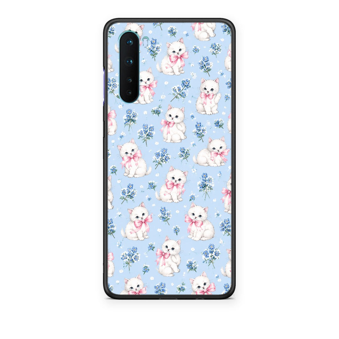 Θήκη OnePlus Nord 5G White Kittens and Blue Flowers Small από τη Smartfits με σχέδιο στο πίσω μέρος και μαύρο περίβλημα | OnePlus Nord 5G White Kittens and Blue Flowers Small case with colorful back and black bezels