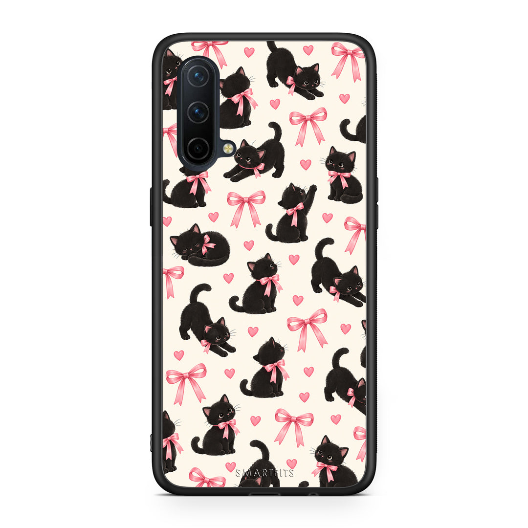 Θήκη OnePlus Nord CE 5G Black Kittens and Pink Bows on Cream Small από τη Smartfits με σχέδιο στο πίσω μέρος και μαύρο περίβλημα | OnePlus Nord CE 5G Black Kittens and Pink Bows on Cream Small case with colorful back and black bezels