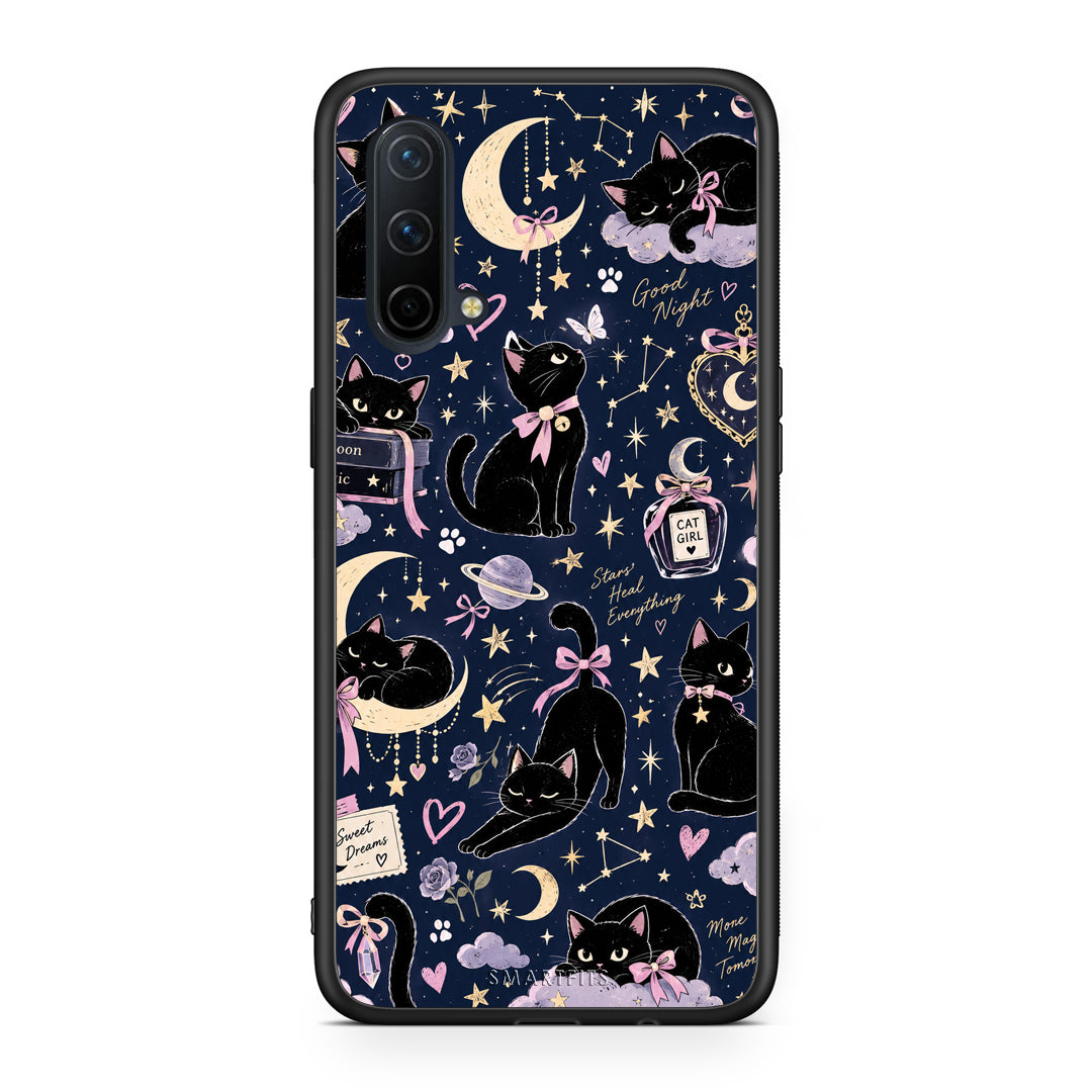 Θήκη OnePlus Nord CE 5G Celestial Black Cats on Navy από τη Smartfits με σχέδιο στο πίσω μέρος και μαύρο περίβλημα | OnePlus Nord CE 5G Celestial Black Cats on Navy case with colorful back and black bezels