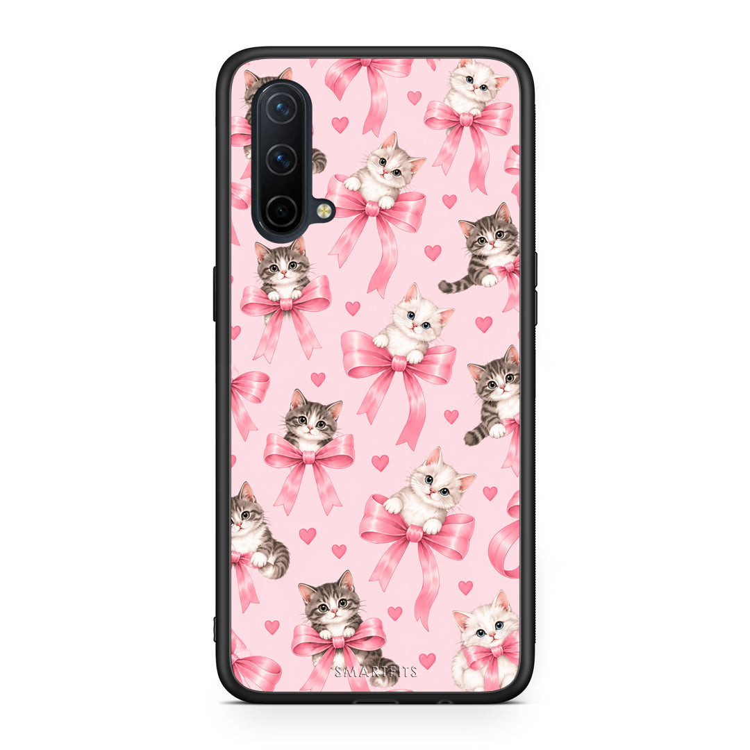 Θήκη OnePlus Nord CE 5G Kittens and Pink Bows on Pink από τη Smartfits με σχέδιο στο πίσω μέρος και μαύρο περίβλημα | OnePlus Nord CE 5G Kittens and Pink Bows on Pink case with colorful back and black bezels