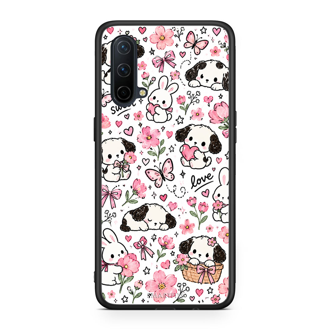 Θήκη OnePlus Nord CE 5G Pink Florals Puppies and Bunnies on White από τη Smartfits με σχέδιο στο πίσω μέρος και μαύρο περίβλημα | OnePlus Nord CE 5G Pink Florals Puppies and Bunnies on White case with colorful back and black bezels
