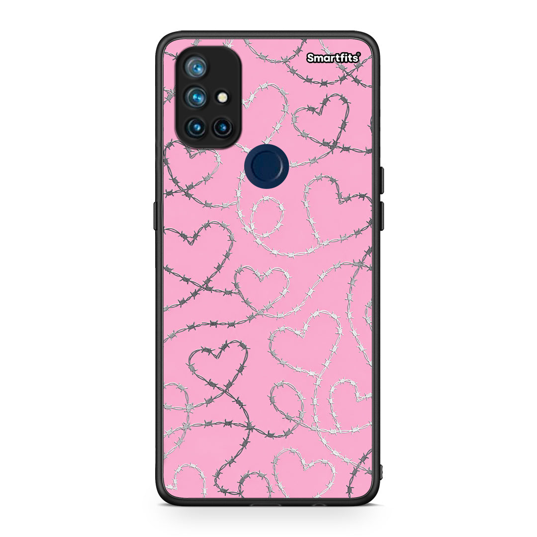 Θήκη OnePlus Nord N10 5G Barbed Wire Hearts on Pink από τη Smartfits με σχέδιο στο πίσω μέρος και μαύρο περίβλημα | OnePlus Nord N10 5G Barbed Wire Hearts on Pink case with colorful back and black bezels