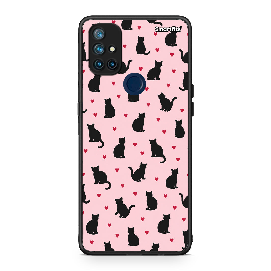 Θήκη OnePlus Nord N10 5G Black Cat Silhouettes and Hearts on Pink από τη Smartfits με σχέδιο στο πίσω μέρος και μαύρο περίβλημα | OnePlus Nord N10 5G Black Cat Silhouettes and Hearts on Pink case with colorful back and black bezels