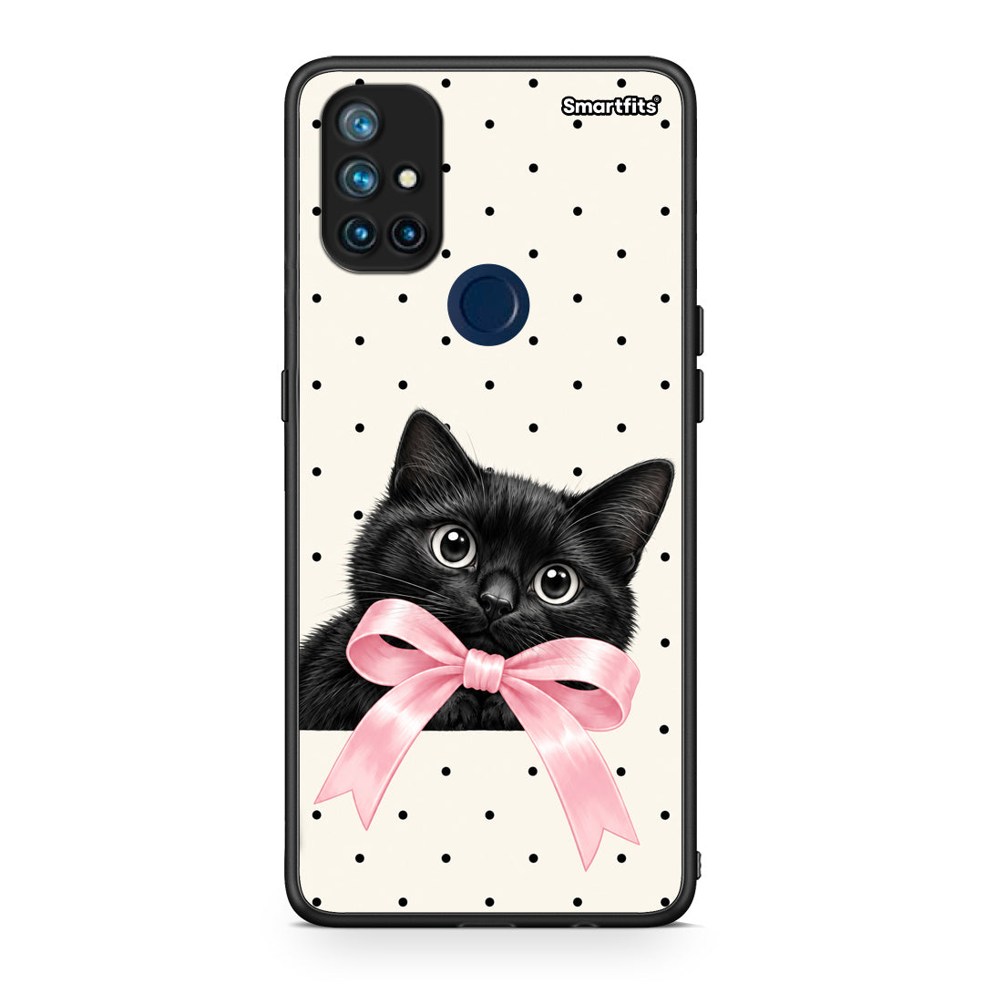 Θήκη OnePlus Nord N10 5G Black Kitten Pink Bow and Polka Dots από τη Smartfits με σχέδιο στο πίσω μέρος και μαύρο περίβλημα | OnePlus Nord N10 5G Black Kitten Pink Bow and Polka Dots case with colorful back and black bezels