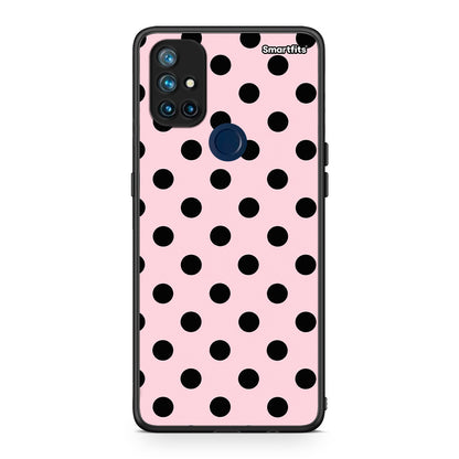 Θήκη OnePlus Nord N10 5G Black Polka Dots on Pink από τη Smartfits με σχέδιο στο πίσω μέρος και μαύρο περίβλημα | OnePlus Nord N10 5G Black Polka Dots on Pink case with colorful back and black bezels