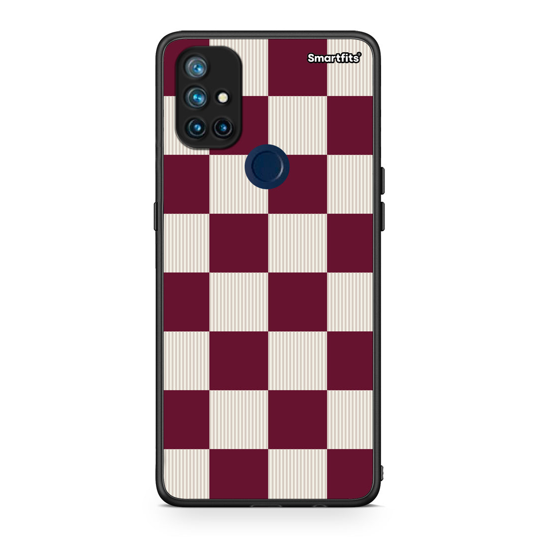 Θήκη OnePlus Nord N10 5G Burgundy and Cream Striped Checks από τη Smartfits με σχέδιο στο πίσω μέρος και μαύρο περίβλημα | OnePlus Nord N10 5G Burgundy and Cream Striped Checks case with colorful back and black bezels
