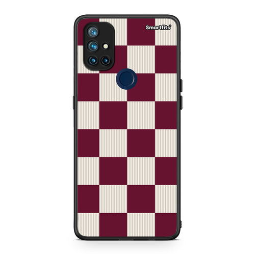 Θήκη OnePlus Nord N10 5G Burgundy and Cream Striped Checks από τη Smartfits με σχέδιο στο πίσω μέρος και μαύρο περίβλημα | OnePlus Nord N10 5G Burgundy and Cream Striped Checks case with colorful back and black bezels