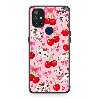 Θήκη OnePlus Nord N10 5G Cherries Bows and Kittens on Pink από τη Smartfits με σχέδιο στο πίσω μέρος και μαύρο περίβλημα | OnePlus Nord N10 5G Cherries Bows and Kittens on Pink case with colorful back and black bezels