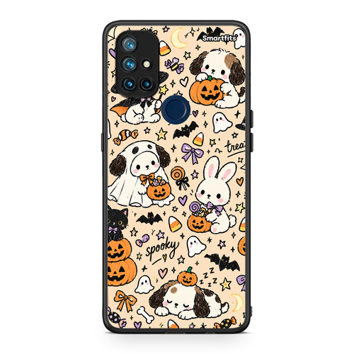 Θήκη OnePlus Nord N10 5G Halloween Puppies and Friends on Cream από τη Smartfits με σχέδιο στο πίσω μέρος και μαύρο περίβλημα | OnePlus Nord N10 5G Halloween Puppies and Friends on Cream case with colorful back and black bezels